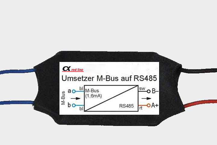 Umsetzer M-Bus auf RS-485-2Draht, Umsetzer zur physikalischen Anpassung zwischen M-Bus und RS485-2Draht Schnittstellen, Pegelwandler, Eingang: passiver M-Bus-Anschluss, Funktion "Slave" zum Anbinden an eine M-Bus-Leitung, Ausgang: RS485-2Draht-Anschluss zum Anbinde von einem oder mehreren Zählern (max. 8)