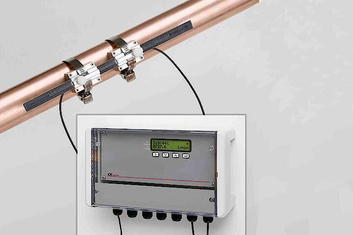 Clou-2000, Clamp-on Ultraschall-Durchflussmesser, Nennweiten DN 25 bis DN 200, Kein Kontakt mit dem Medium, Mediumstemperatur bis 125 oC, Volumenstrommessung gemäß ISO 50001, Analogausgang, Impuls- / Frequenzausgang, RS 485, Modbus-RTU, M-Bus